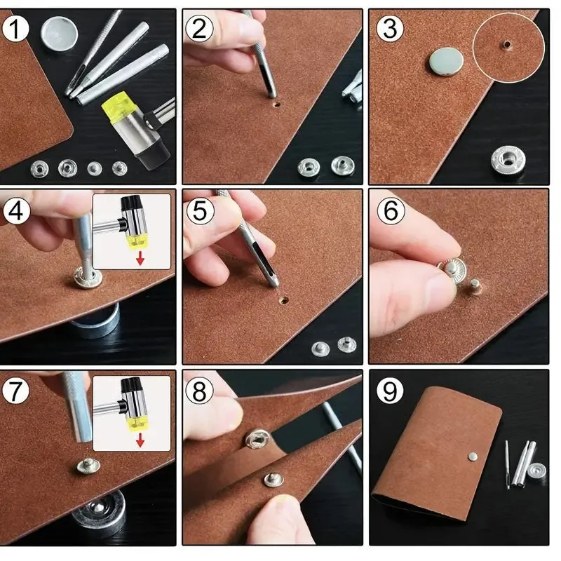 120pcs/ Set Snap Fasteners Kit | For Leather 12mm Metal Button Snaps Press Studs With 4 Setter Tools | 1 Hammer | 4 Color Leather Snaps