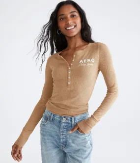 Aeropostale Womens' Long Sleeve New York Graphic Henley - Tan - Size M - Cotton - Teen Fashion & Clothing Summer Tan