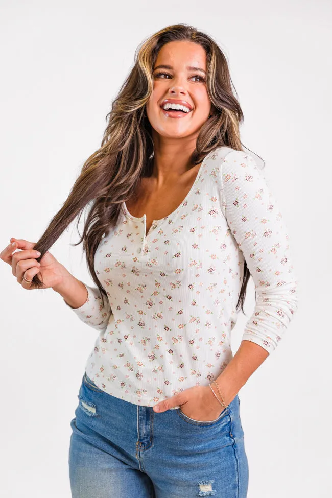 Best In Bloom Ivory Ribbed Floral Henley Top