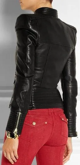 Black Ribbed Faux-Leather Biker Jacket