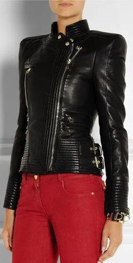 Black Ribbed Faux-Leather Biker Jacket