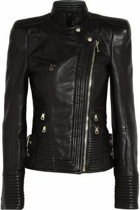 Black Ribbed Faux-Leather Biker Jacket