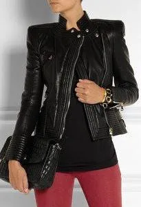 Black Ribbed Faux-Leather Biker Jacket