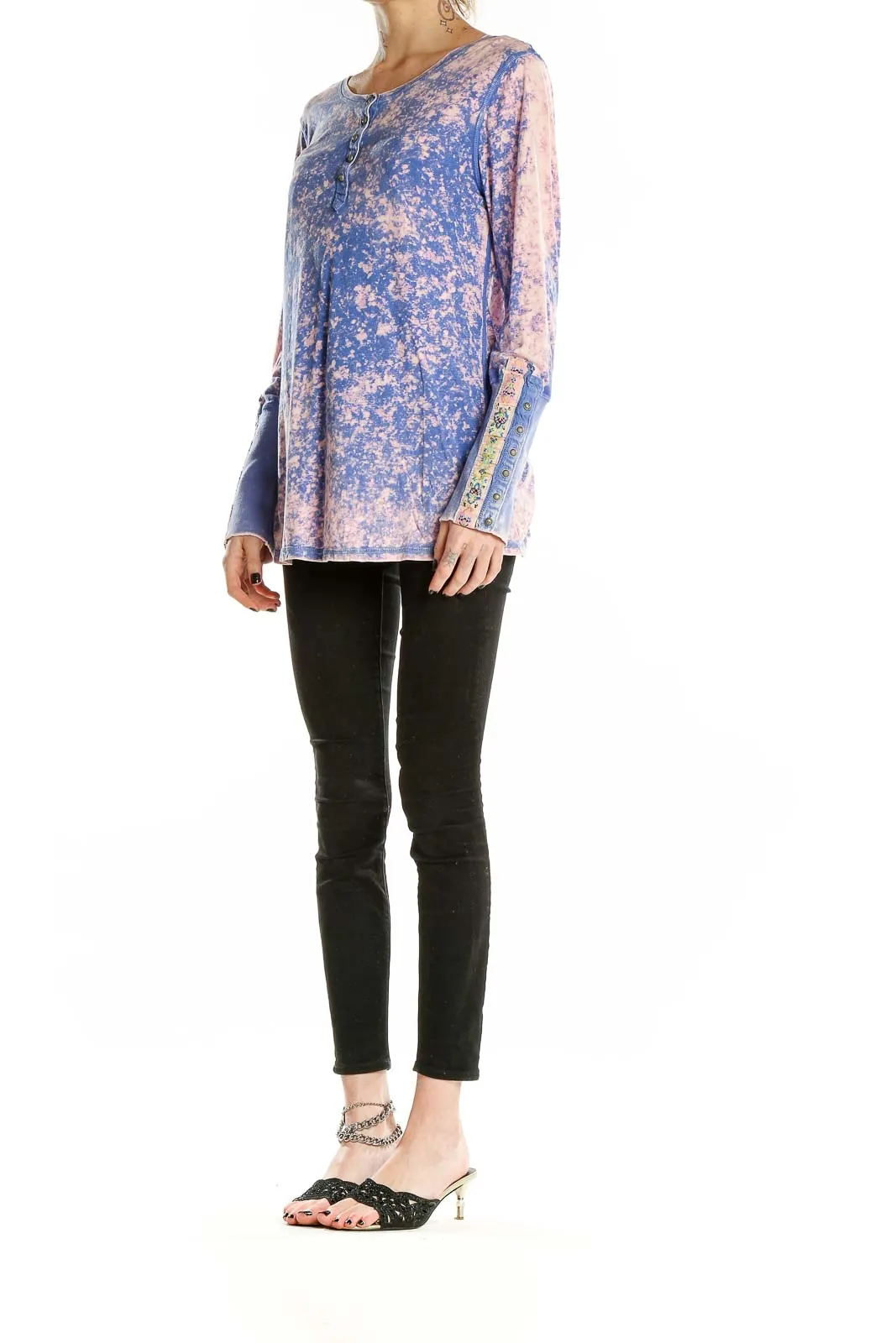 Blue and Pink Tie-Dye Long Sleeve Henley Top