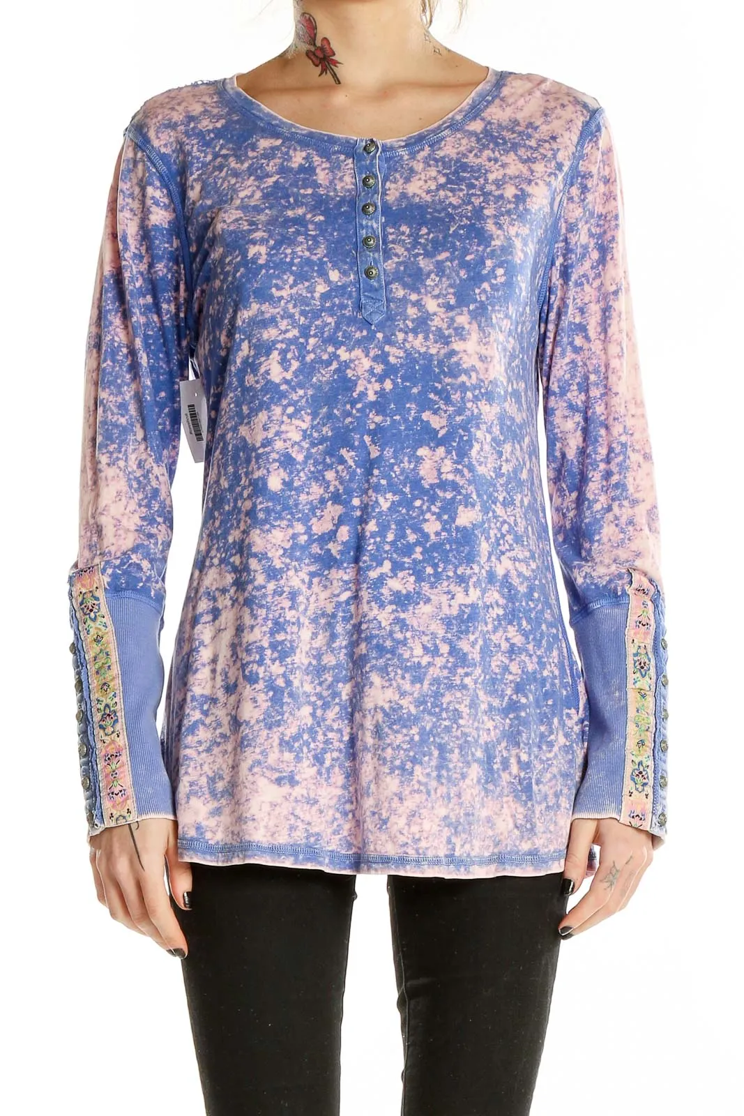 Blue and Pink Tie-Dye Long Sleeve Henley Top