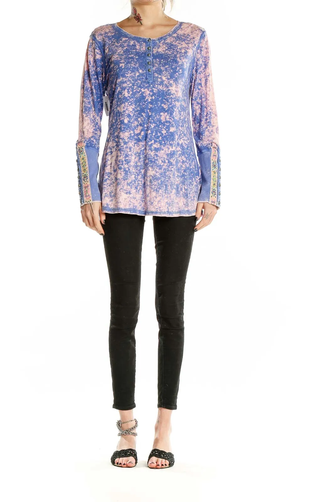 Blue and Pink Tie-Dye Long Sleeve Henley Top