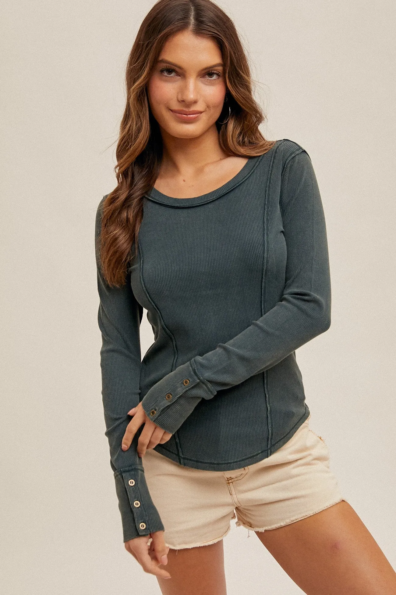 Boat Neck Mineral Washed Rib Henley Tops - 5 Colors!