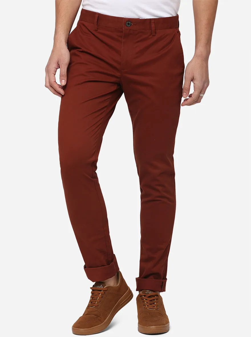 Brick Red Solid Slim Fit Casual Trouser | JadeBlue