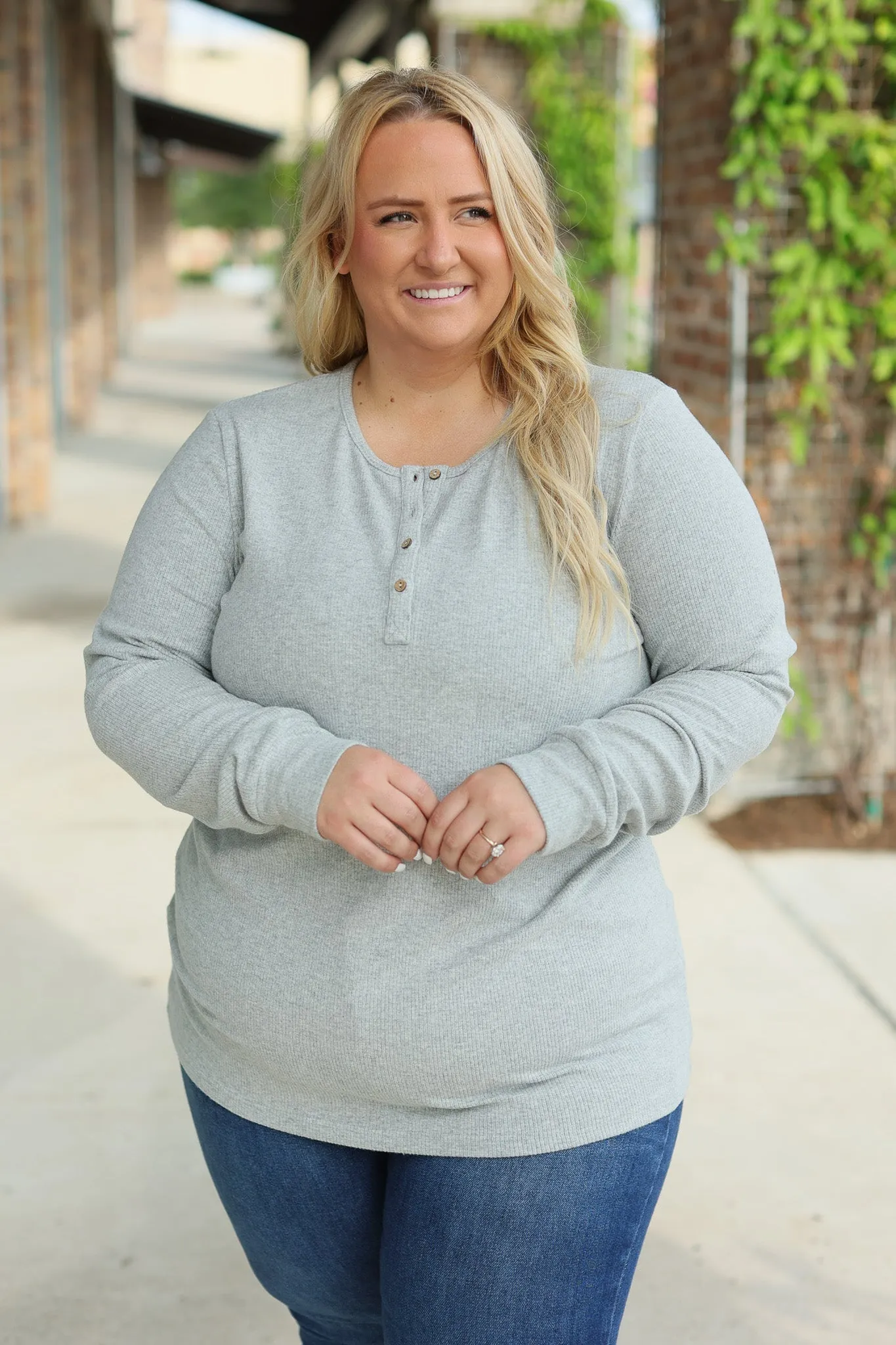 Brielle Henley Ribbed Long Sleeve - Light Grey