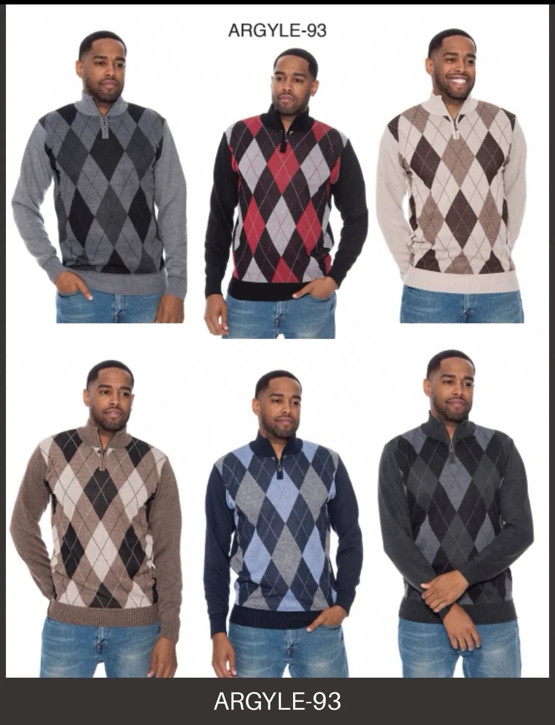 Brown Men's Crewneck Sweater Argyle Pattern Quarter Zip Up Long Sleeve Knit Pullover-93