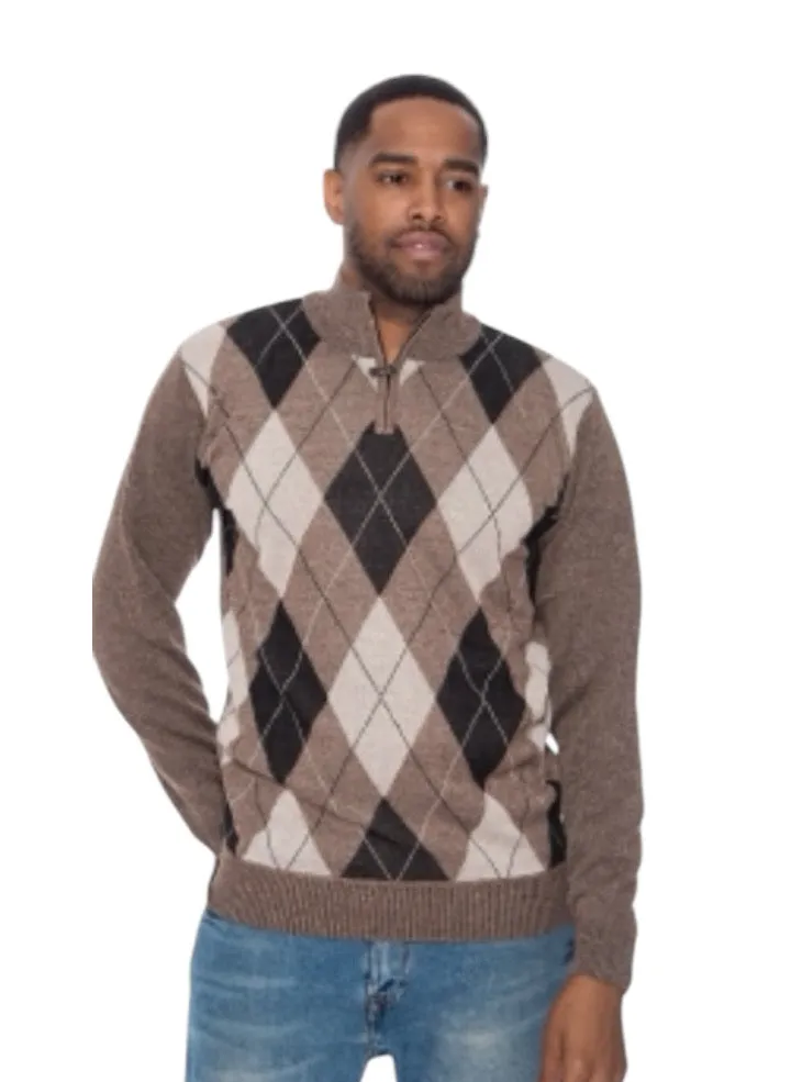 Brown Men's Crewneck Sweater Argyle Pattern Quarter Zip Up Long Sleeve Knit Pullover-93