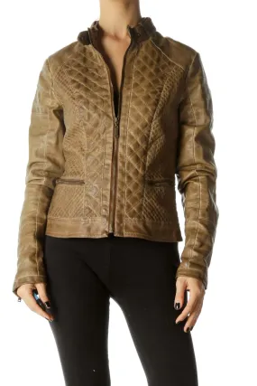 Brown Quilted Zippered Leather Jacket