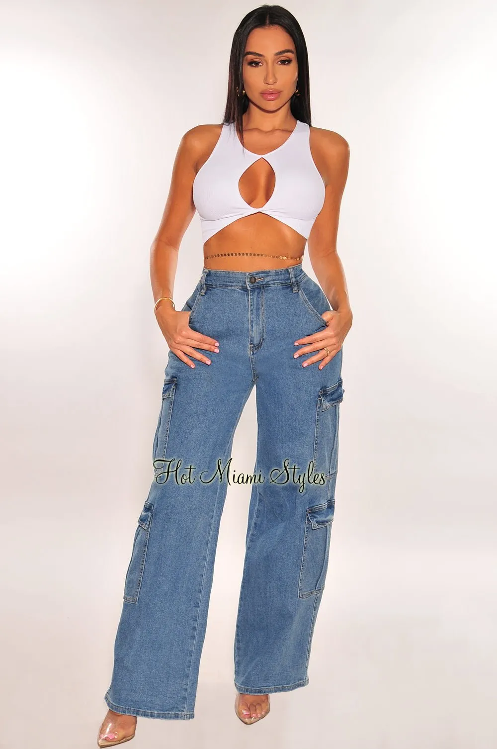 Denim High Waist Cargo Wide Leg Jeans