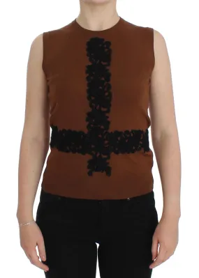 Dolce & Gabbana Brown Wool Black Lace Vest Sweater Top