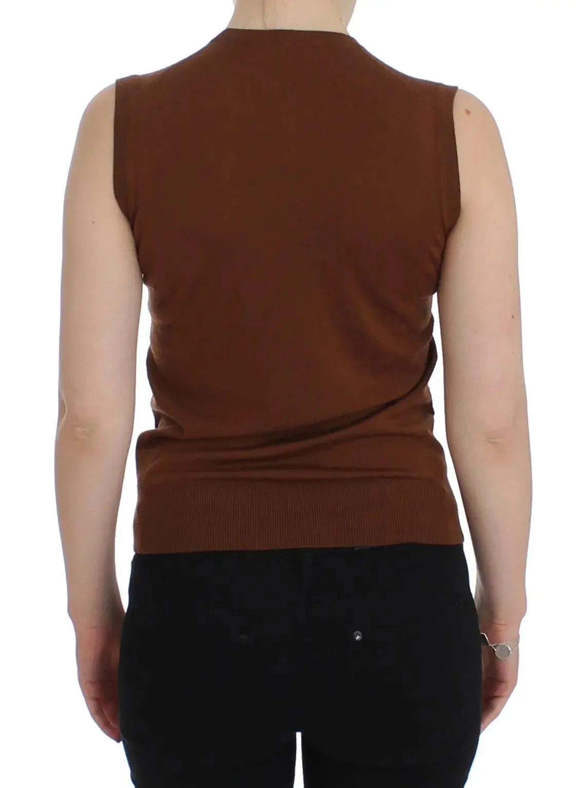 Dolce & Gabbana Brown Wool Black Lace Vest Sweater Top