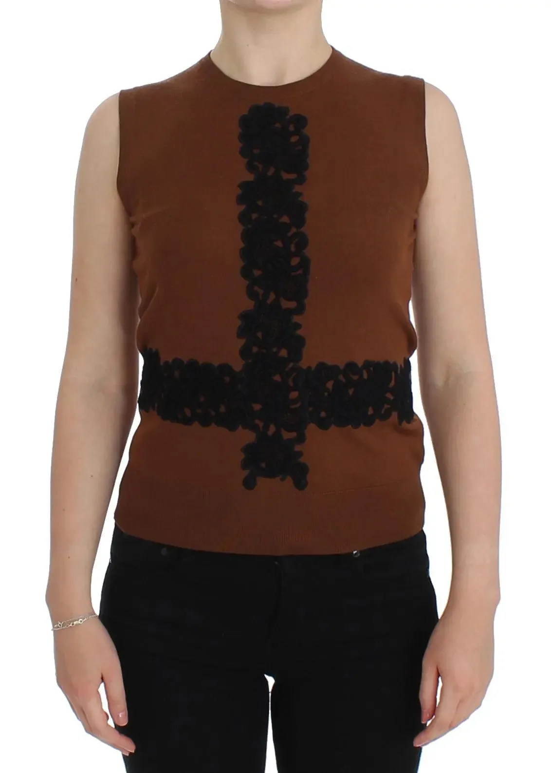 Dolce & Gabbana Brown Wool Black Lace Vest Sweater Top