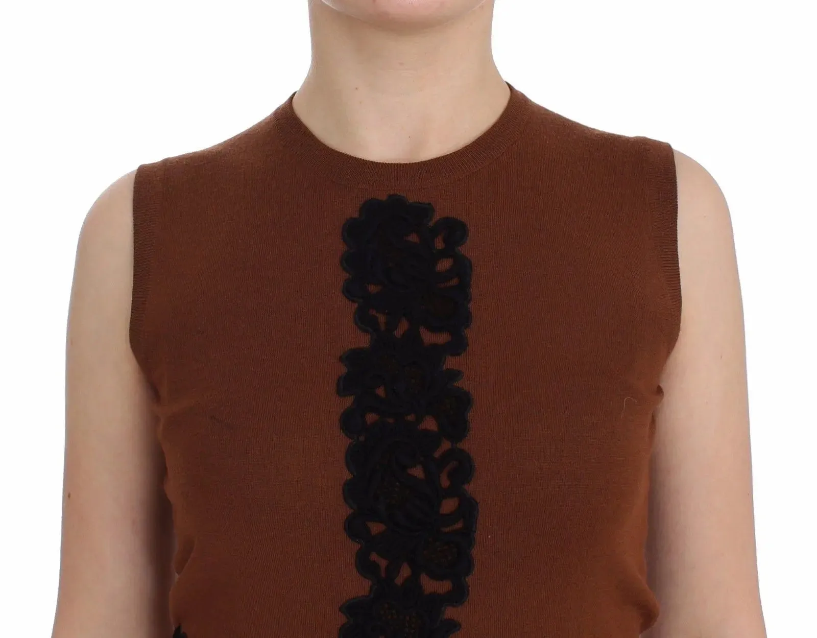 Dolce & Gabbana Brown Wool Black Lace Vest Sweater Top