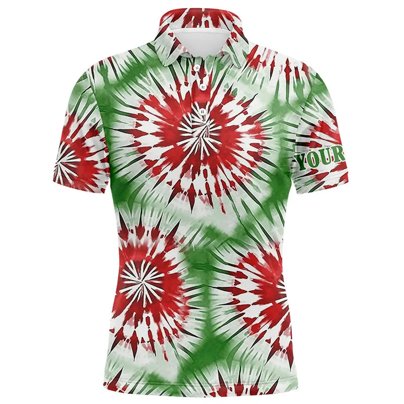 Green, Red, White Christmas Tie Dye Pattern Mens Golf Polo Shirt Custom Golf Tops Mens, Golfing Gifts