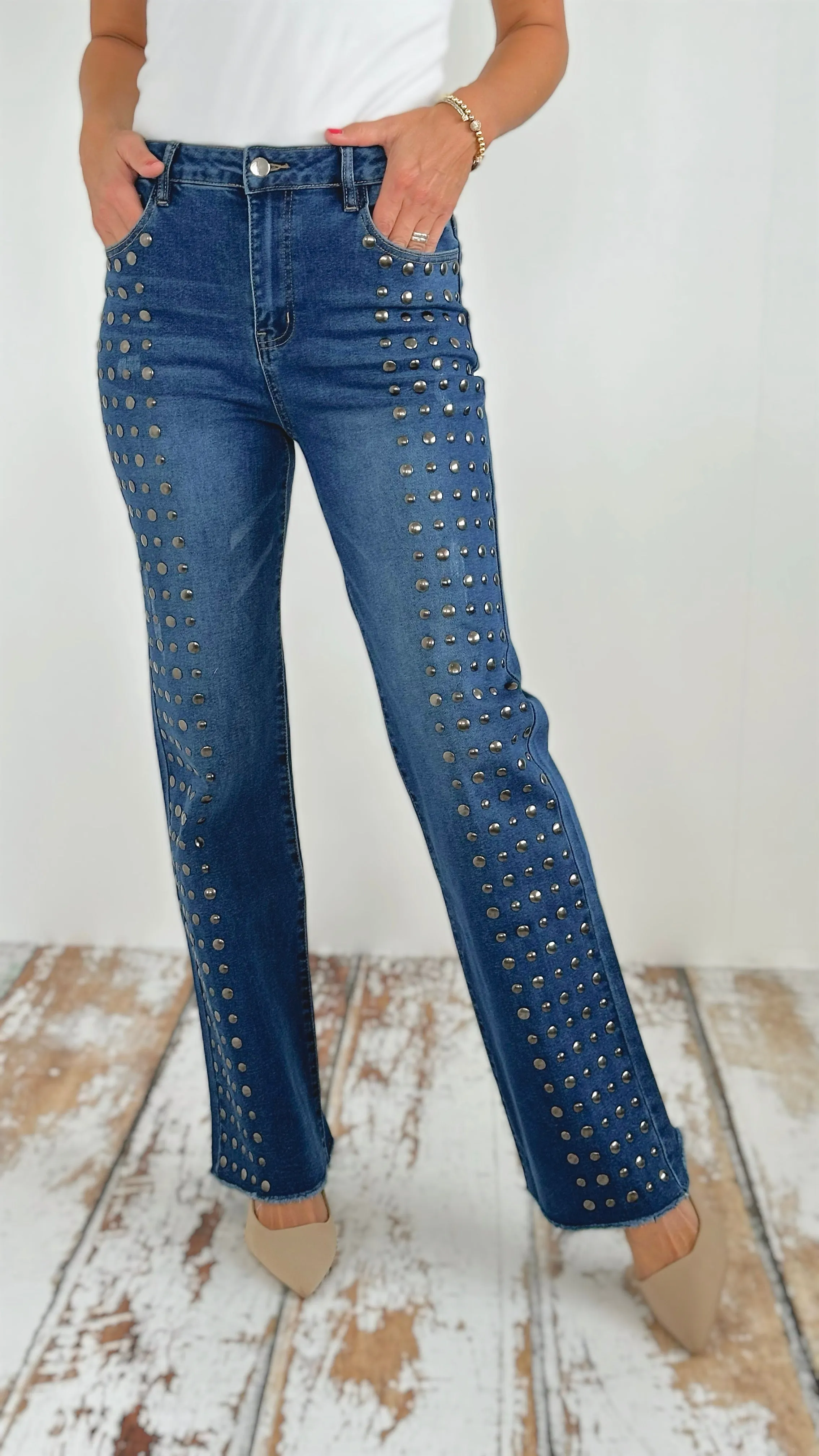 High-Waisted Studded Flare Jeans