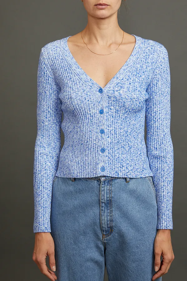 Kardi Rib Knit Cardigan in Blue Melange