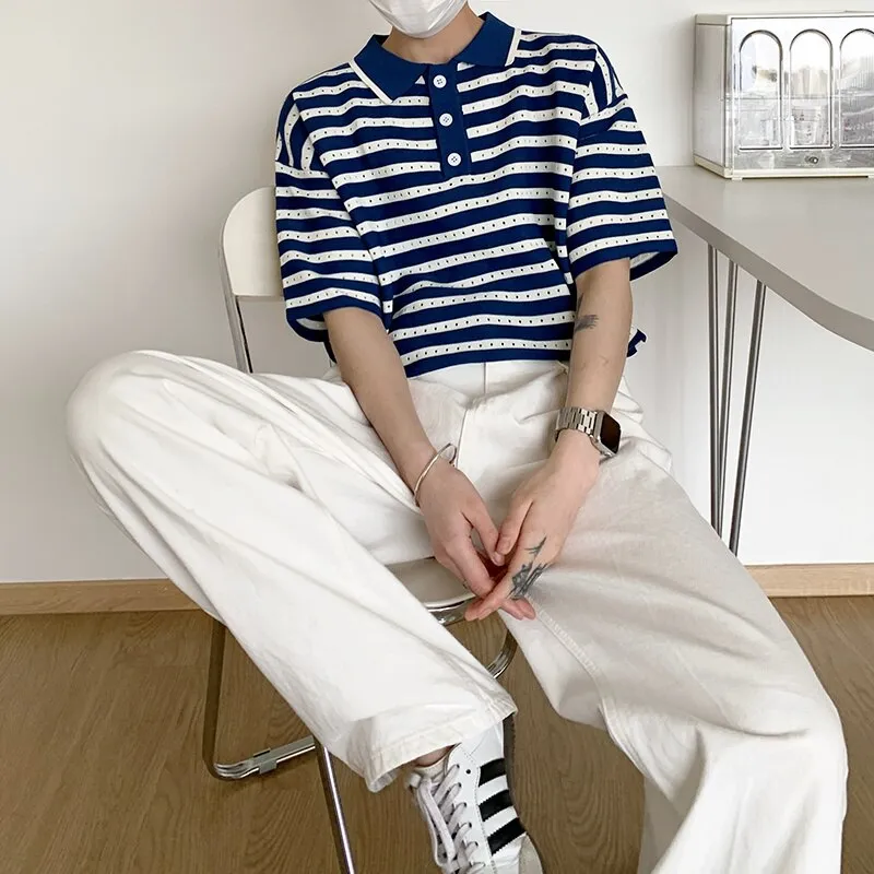 [Korean Style] 2 Colors Knitted Stripe Polo Shirts