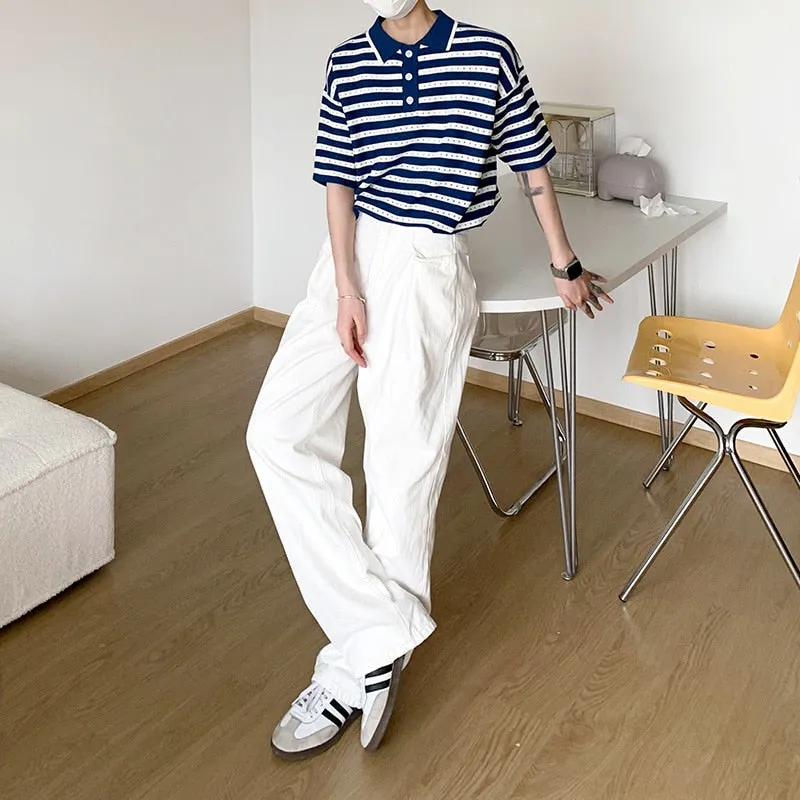 [Korean Style] 2 Colors Knitted Stripe Polo Shirts