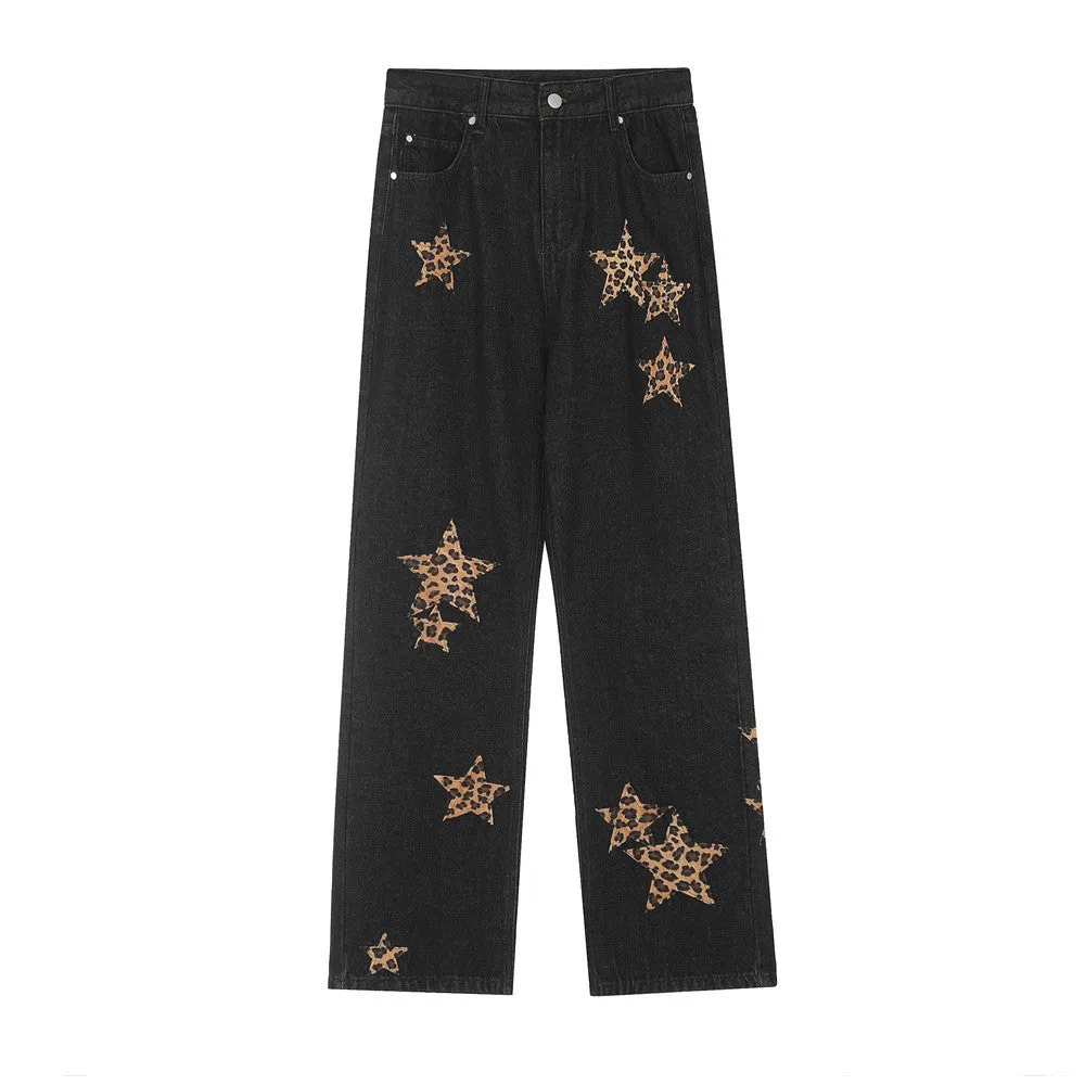 Leopard Print Five-pointed Star Jeans For Men And Women