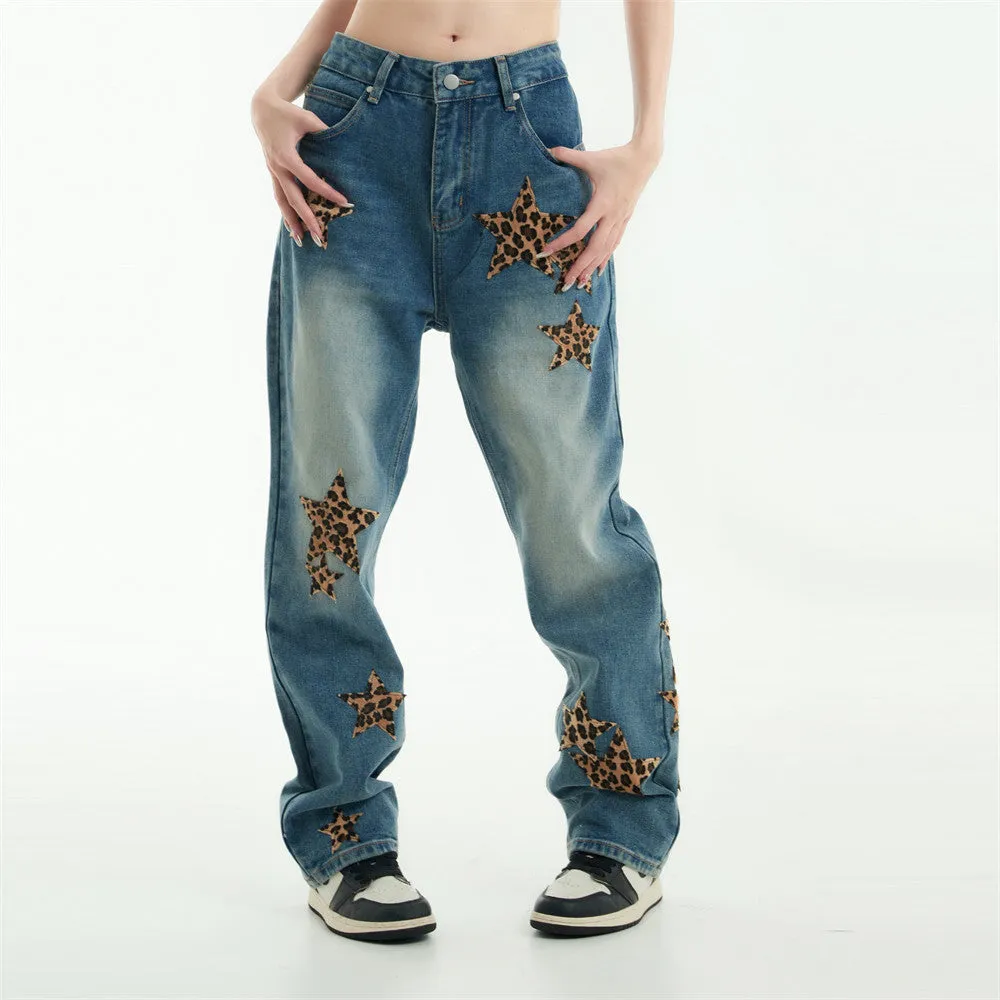 Leopard Print Five-pointed Star Jeans For Men And Women