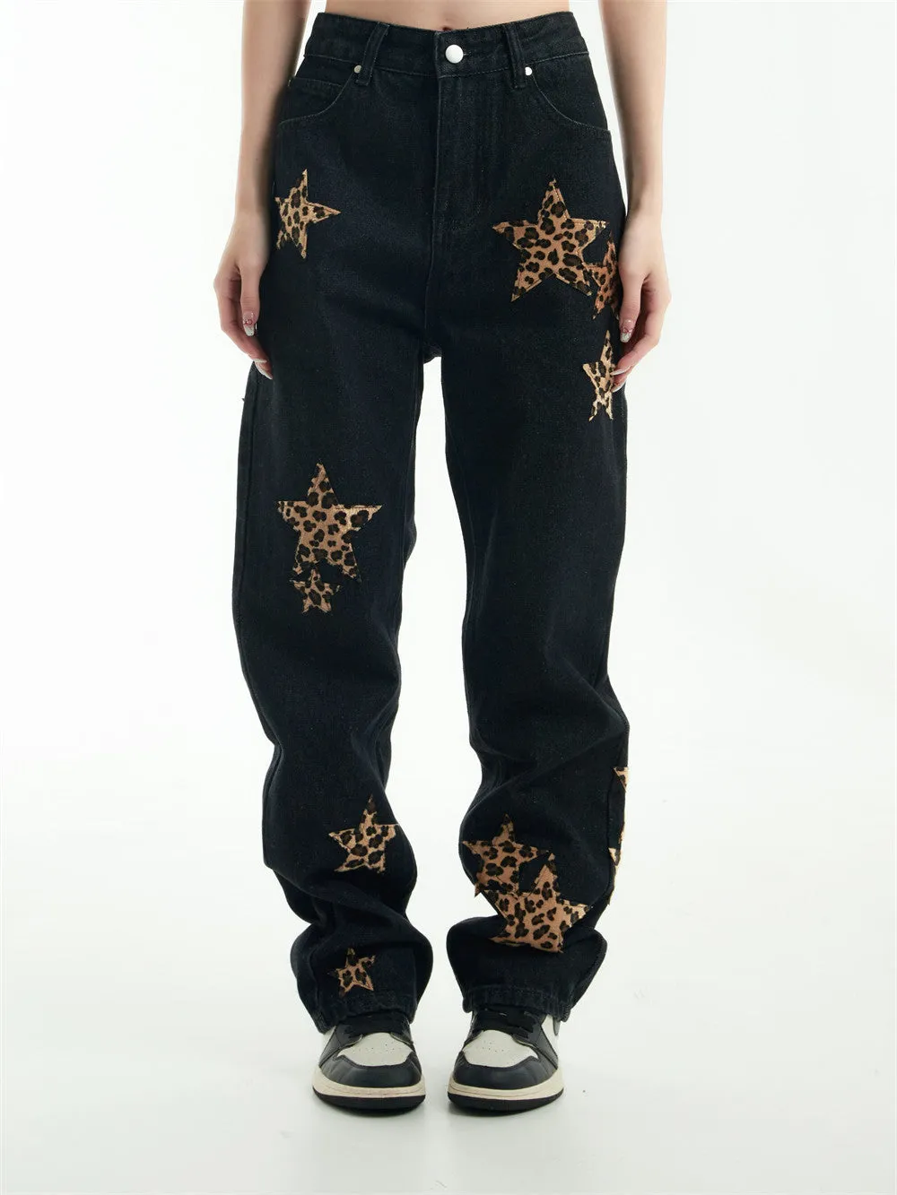 Leopard Print Five-pointed Star Jeans For Men And Women