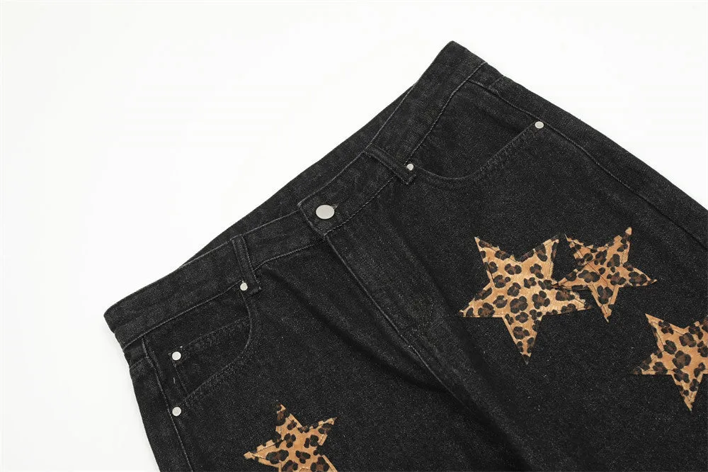 Leopard Print Five-pointed Star Jeans For Men And Women