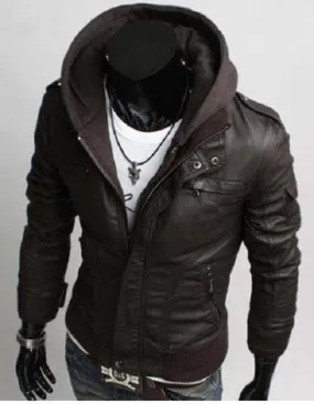 Men's Leather Dark Brown Jackets Korean Style Casual Slim Fit Men fabric hooded jacket