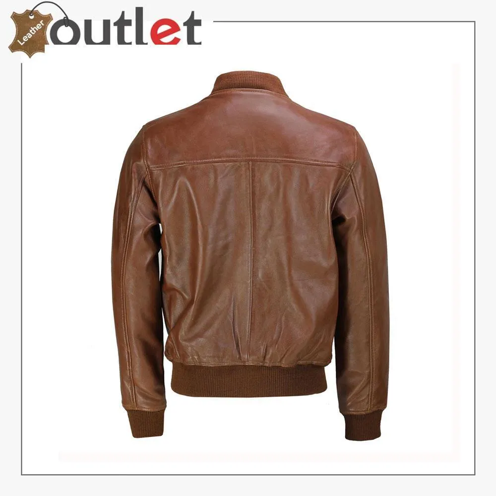 Mens Tan Soft Real Leather Smart Vintage Bomber Biker Jacket