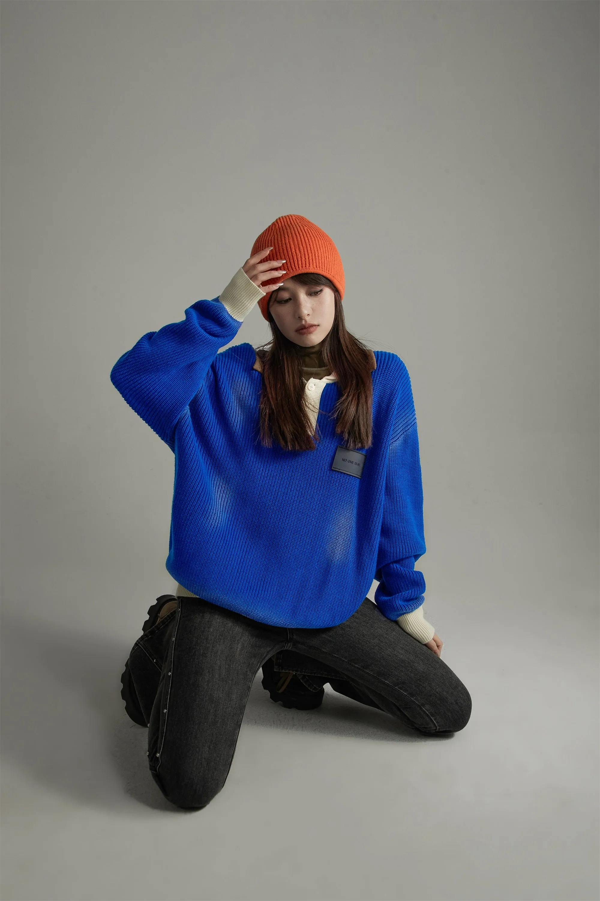 Polo Collar Color Block Knit Top