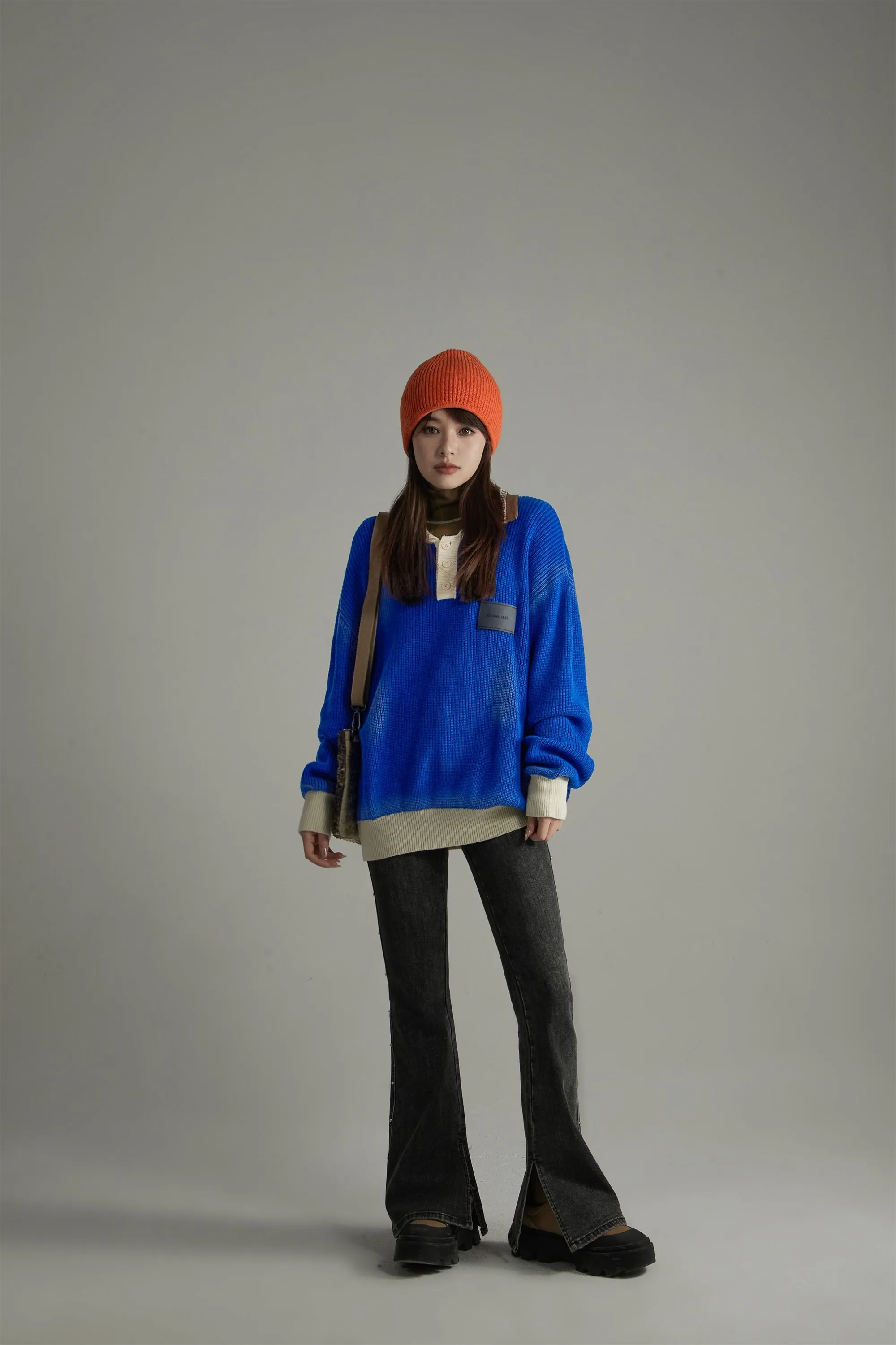 Polo Collar Color Block Knit Top