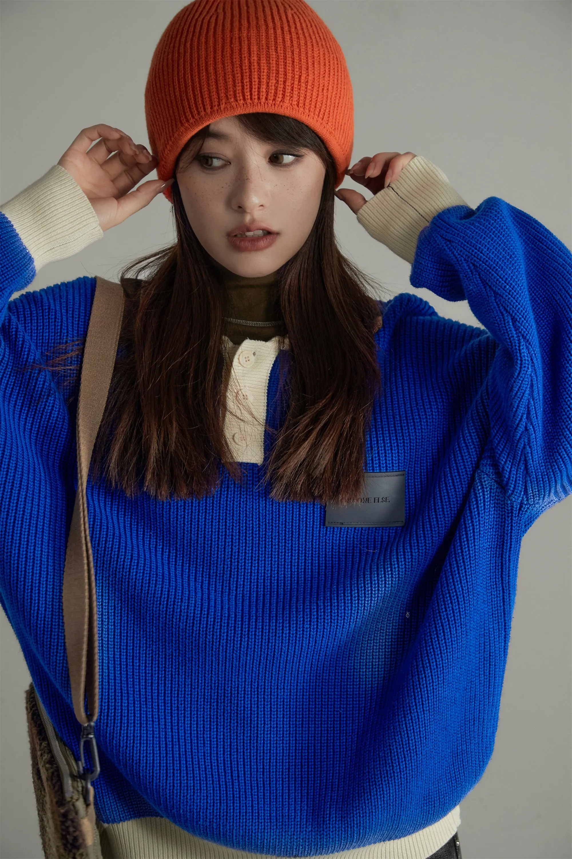 Polo Collar Color Block Knit Top