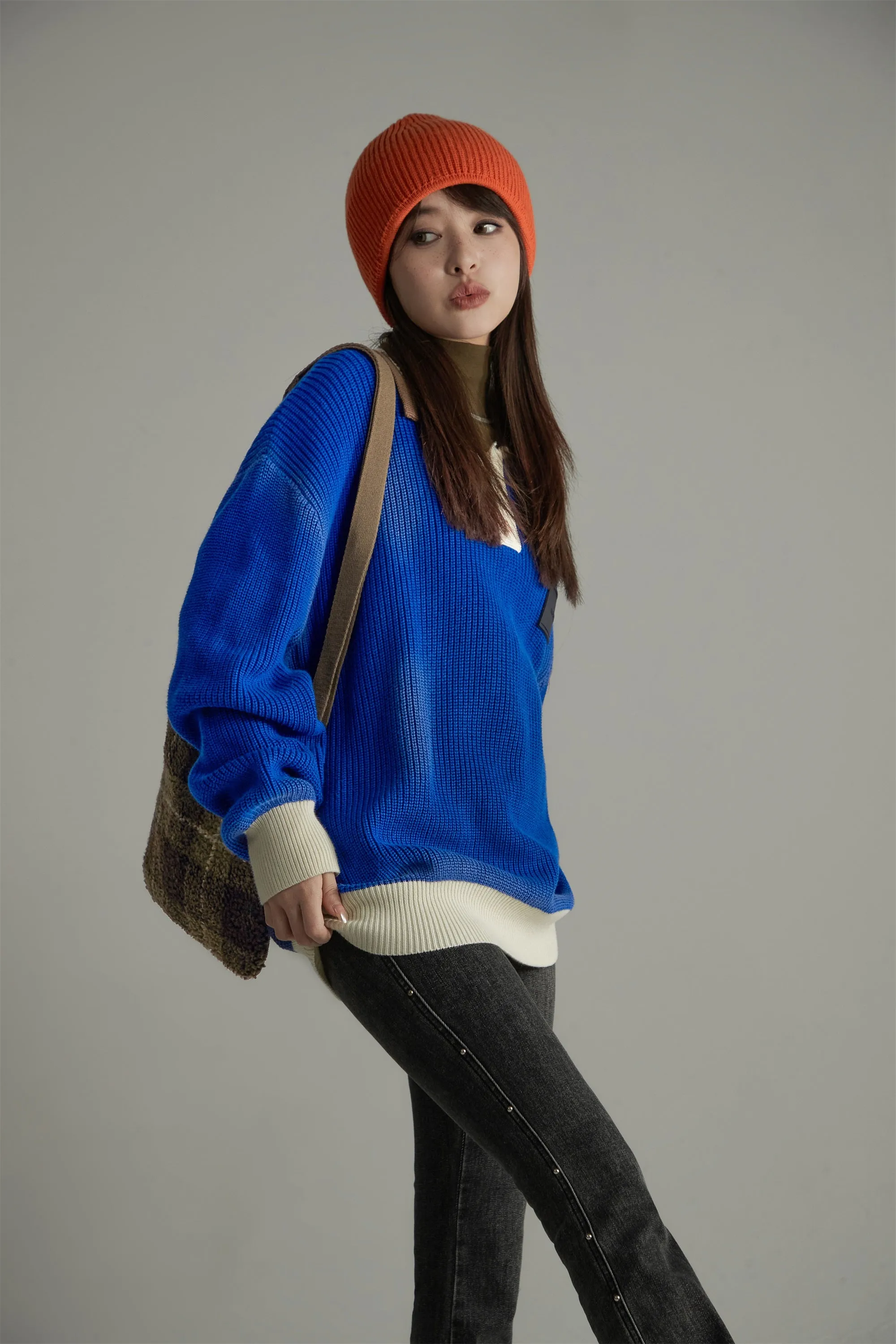 Polo Collar Color Block Knit Top