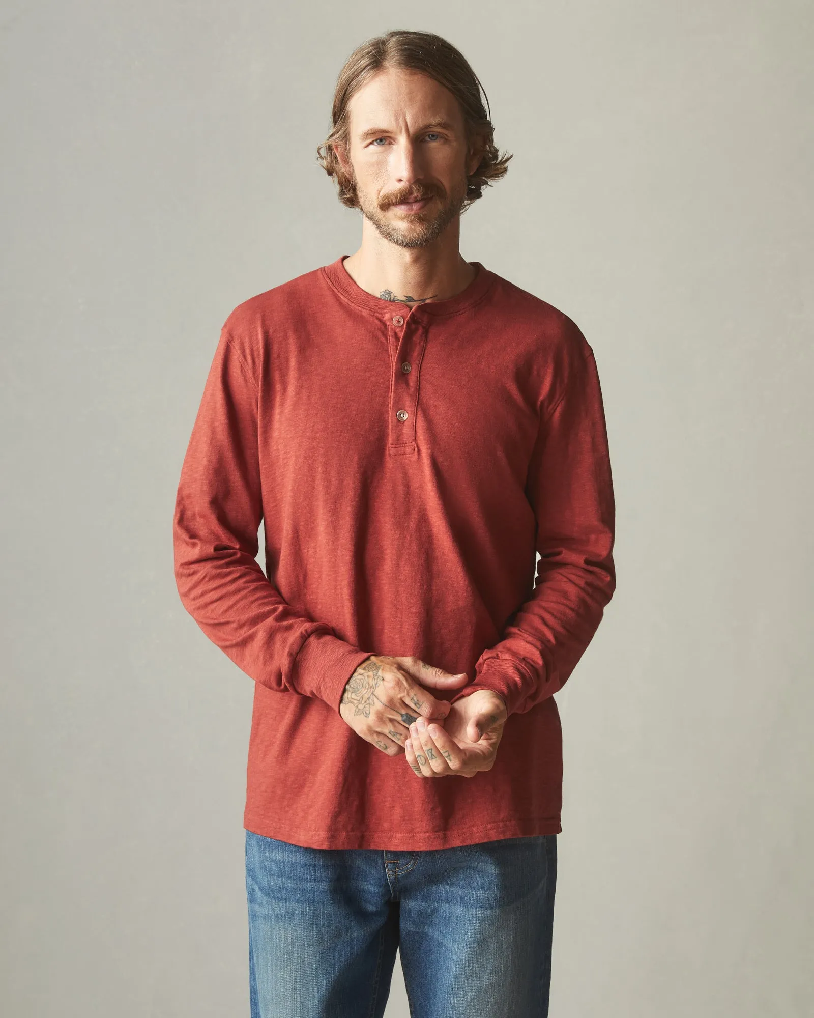 Premium Slub Henley Tee Long Sleeve - Burnt Pepper