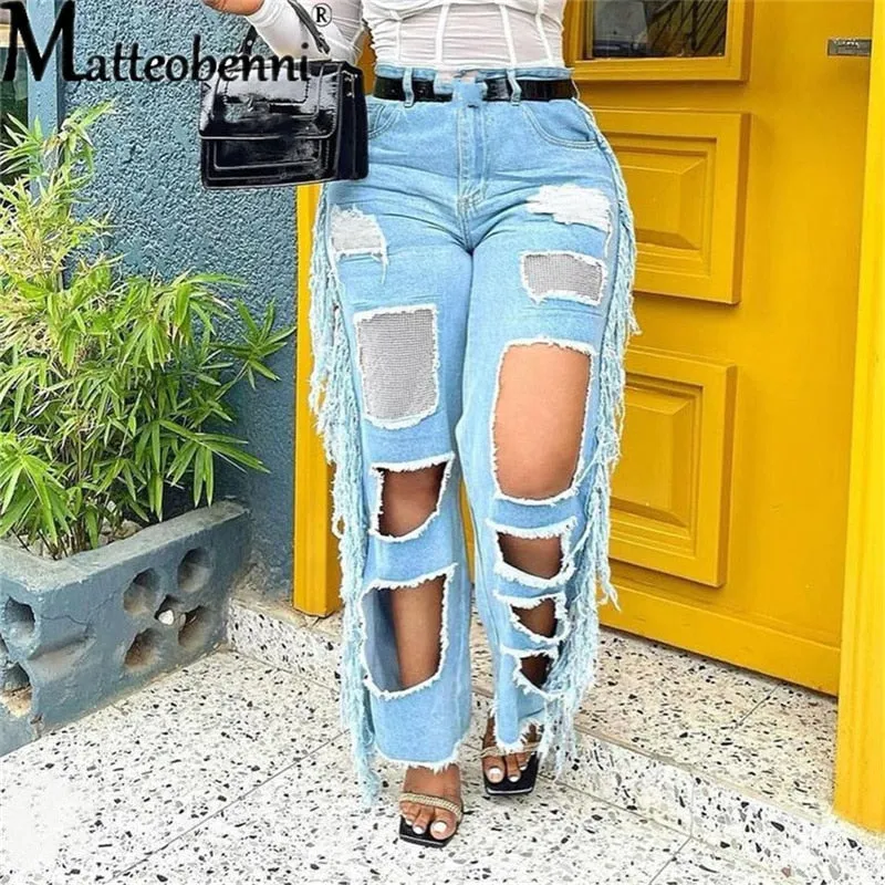 Ripped Hole Jeans Women Vintage Straight Jean Trousers Ladies High Waist Tassel Hollow Out Casual Wide Leg Denim Pants Female