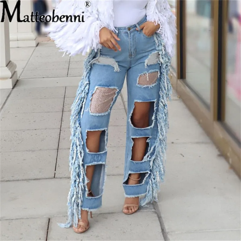 Ripped Hole Jeans Women Vintage Straight Jean Trousers Ladies High Waist Tassel Hollow Out Casual Wide Leg Denim Pants Female