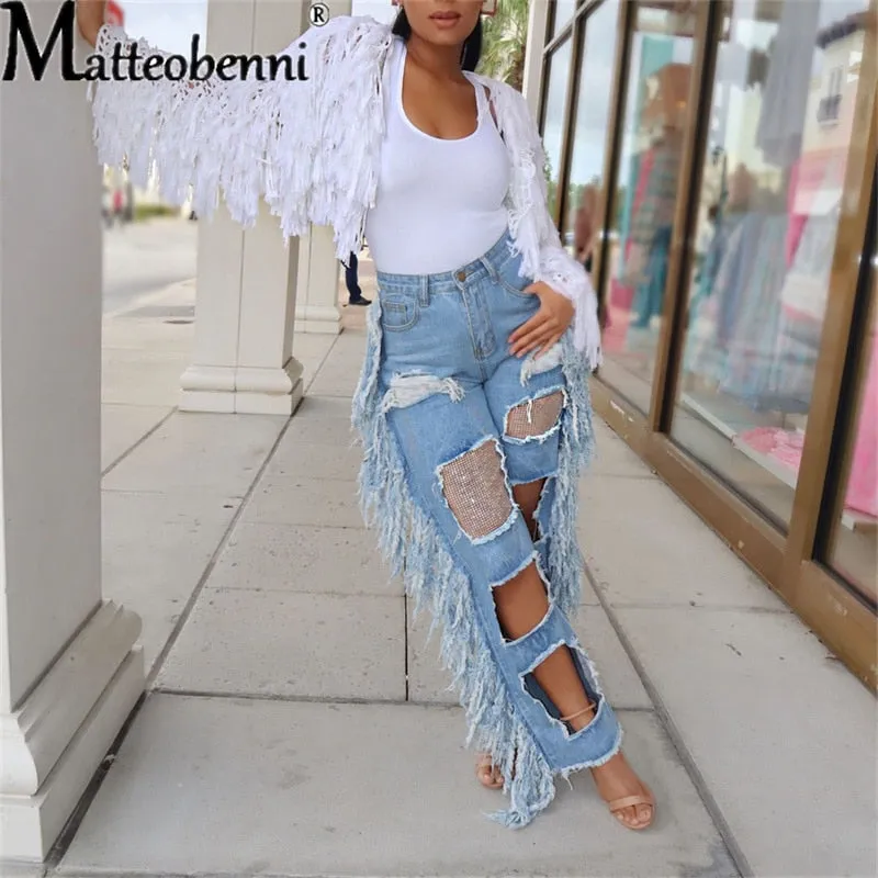 Ripped Hole Jeans Women Vintage Straight Jean Trousers Ladies High Waist Tassel Hollow Out Casual Wide Leg Denim Pants Female