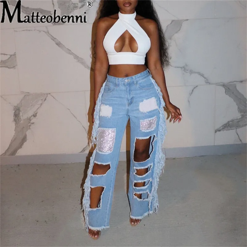 Ripped Hole Jeans Women Vintage Straight Jean Trousers Ladies High Waist Tassel Hollow Out Casual Wide Leg Denim Pants Female