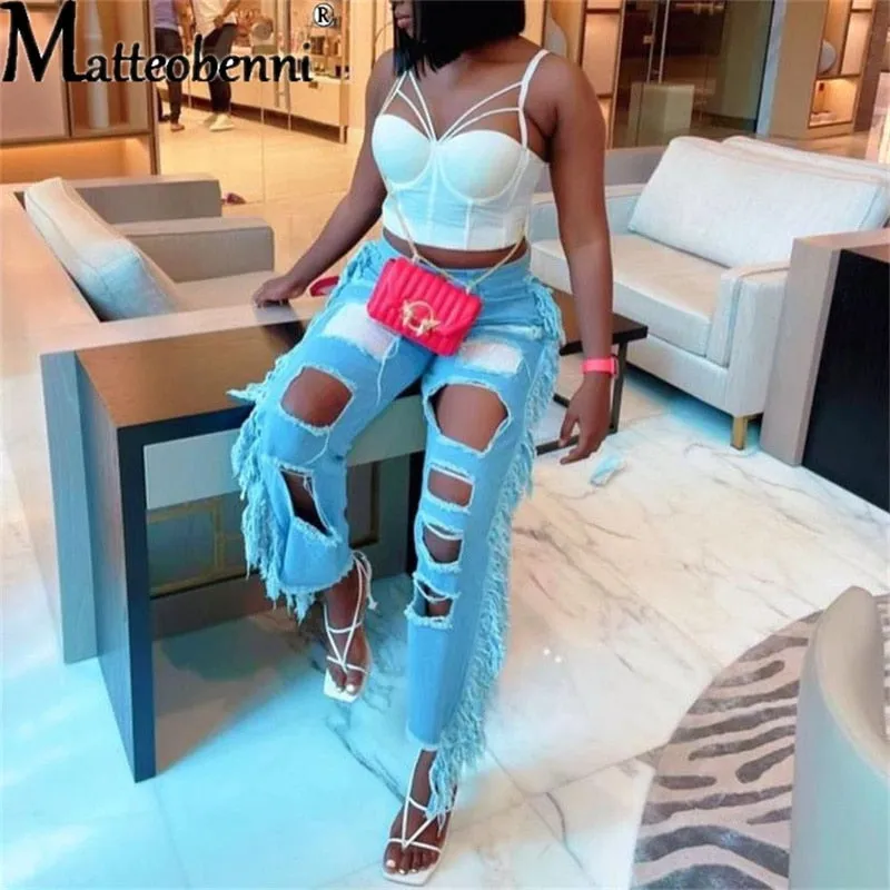 Ripped Hole Jeans Women Vintage Straight Jean Trousers Ladies High Waist Tassel Hollow Out Casual Wide Leg Denim Pants Female