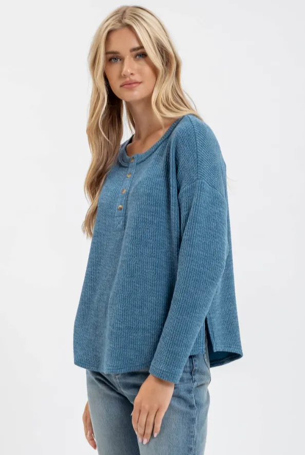 Teal Waffle Knit Henley Top