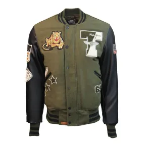 Top Gun Leopard Wool PU Bomber Jacket Green