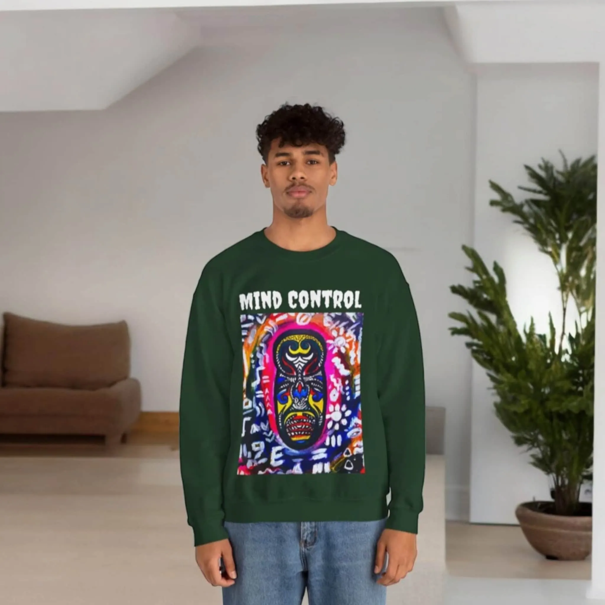 Tribal Mask Unisex Heavy Blend Crewneck Sweatshirt, Unique Quote on Back, Ethically Made