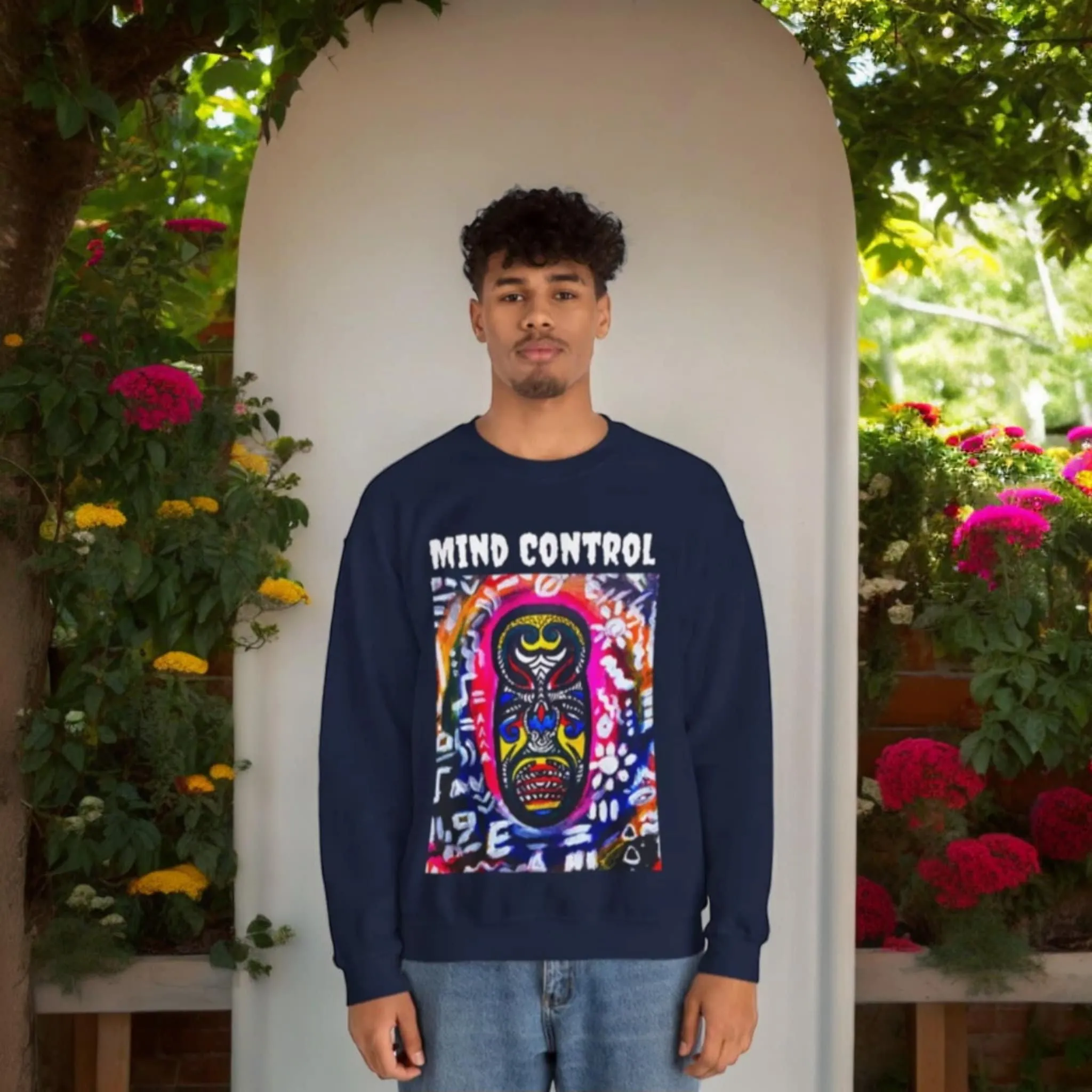 Tribal Mask Unisex Heavy Blend Crewneck Sweatshirt, Unique Quote on Back, Ethically Made