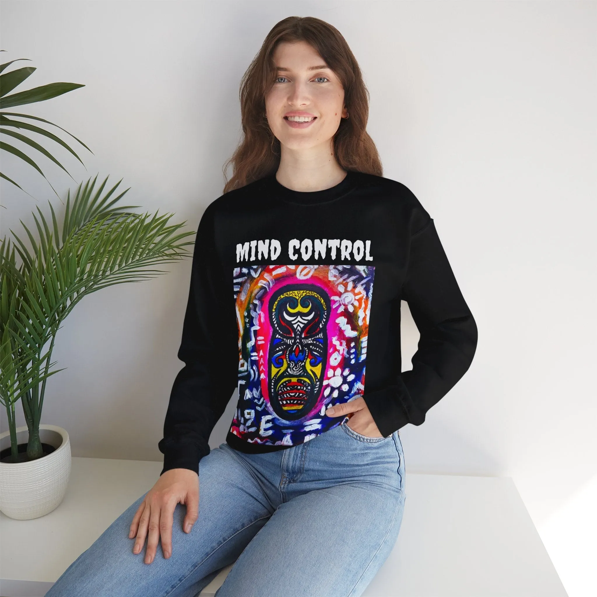 Tribal Mask Unisex Heavy Blend Crewneck Sweatshirt, Unique Quote on Back, Ethically Made