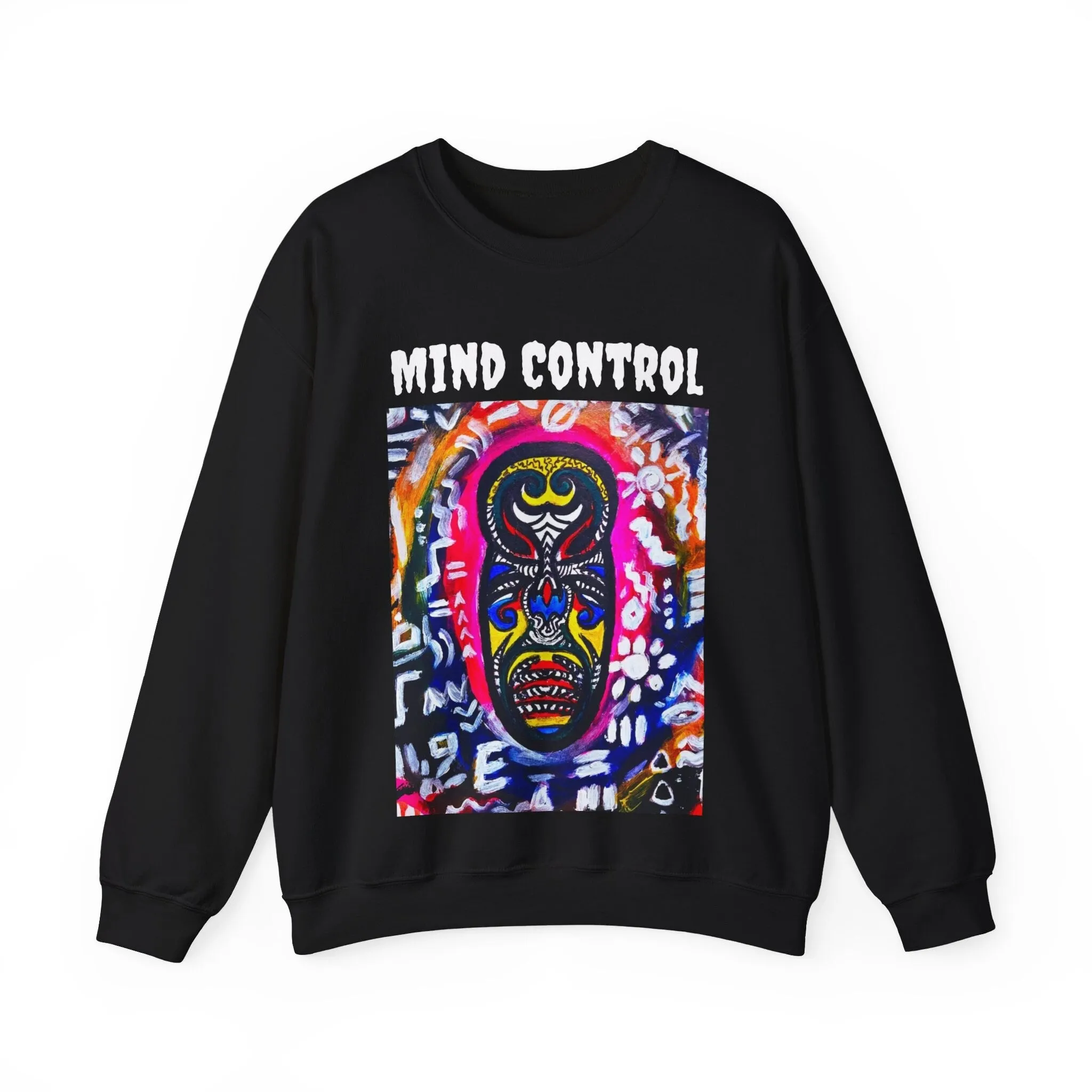 Tribal Mask Unisex Heavy Blend Crewneck Sweatshirt, Unique Quote on Back, Ethically Made