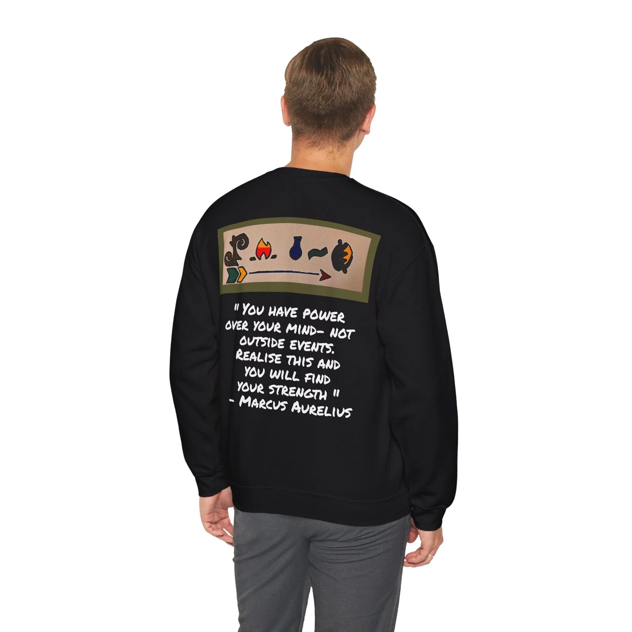 Tribal Mask Unisex Heavy Blend Crewneck Sweatshirt, Unique Quote on Back, Ethically Made