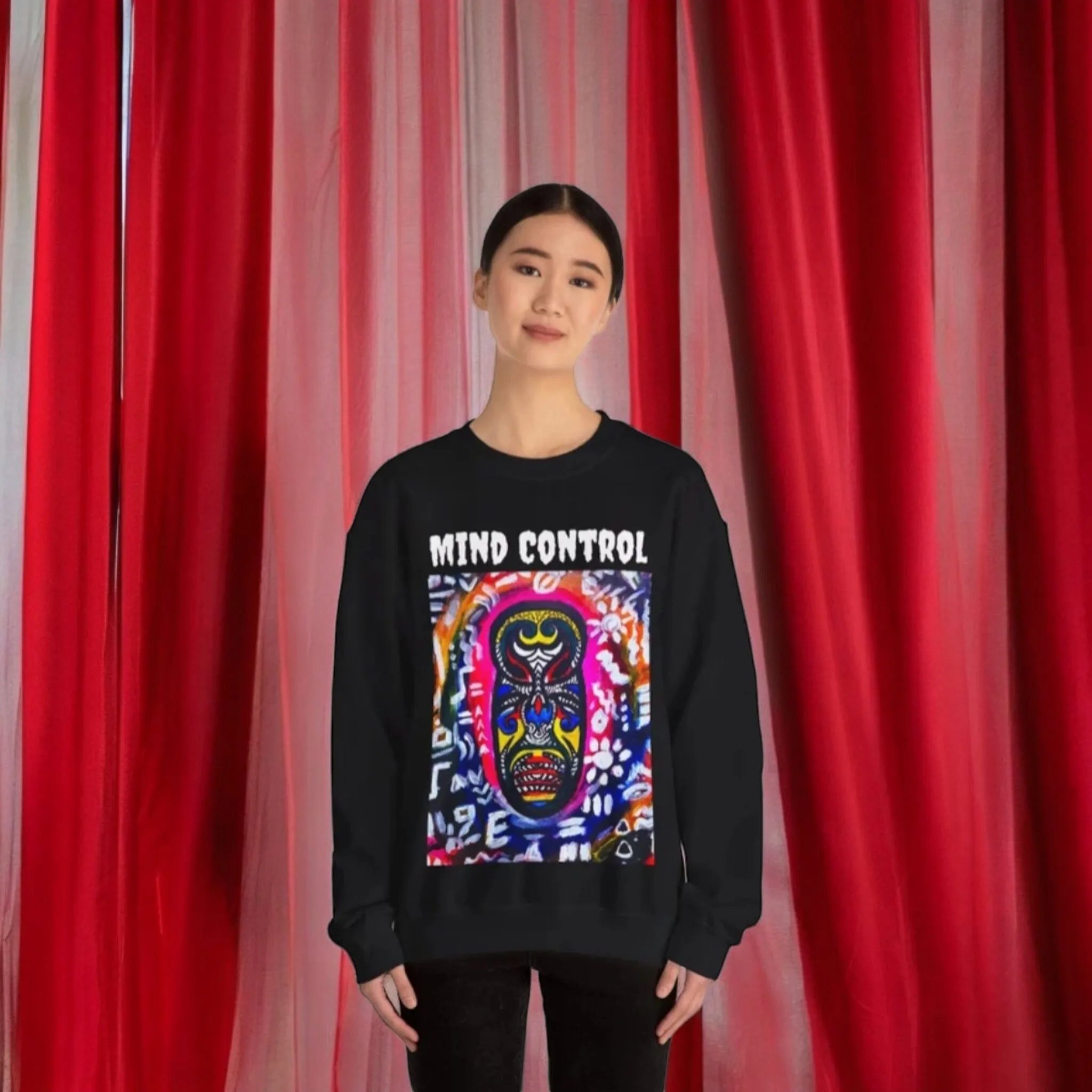 Tribal Mask Unisex Heavy Blend Crewneck Sweatshirt, Unique Quote on Back, Ethically Made